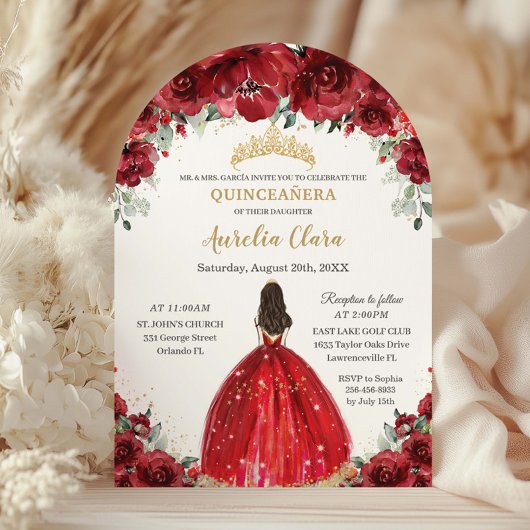 Chic Quinceañera Rote Flora Rose Princess Arch Einladung