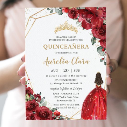 Chic Quinceañera Rote Rosen Blume Blumenprinzessin Einladung