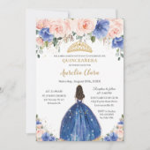 Chic Quinceañera Royal Blue Blush Bloral Princess Einladung (Vorderseite)