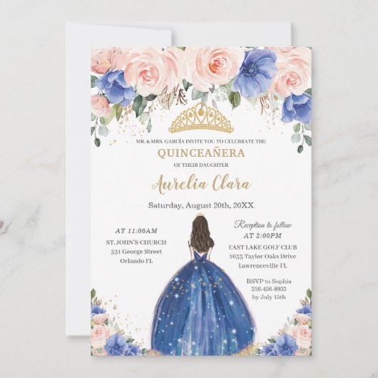 Chic Quinceañera Royal Blue Blush Bloral Princess Einladung (Vorderseite)