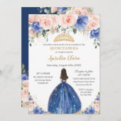 Chic Quinceañera Royal Blue Blush Bloral Princess Einladung (Vorne/Hinten)