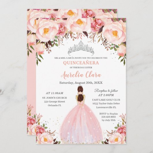 Chic Quinceañera Soft Blush Blues Prinzessin Silve Einladung (Vorne/Hinten)
