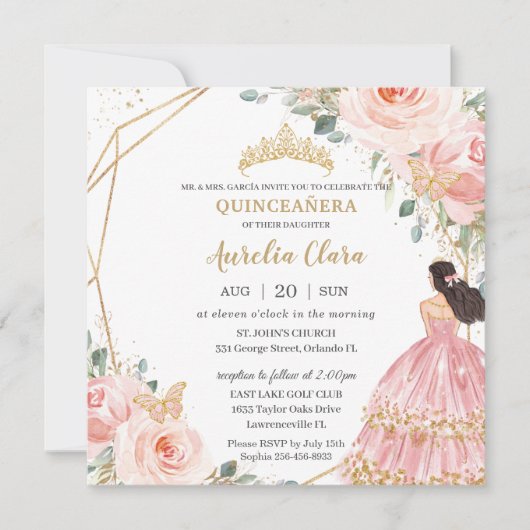 Chic Quinceañera Soft Blush Pink Blütenprinzessin Einladung (Vorderseite)