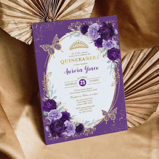 Chic Quinceañera Violet Gold Blume Butterfly Einladung