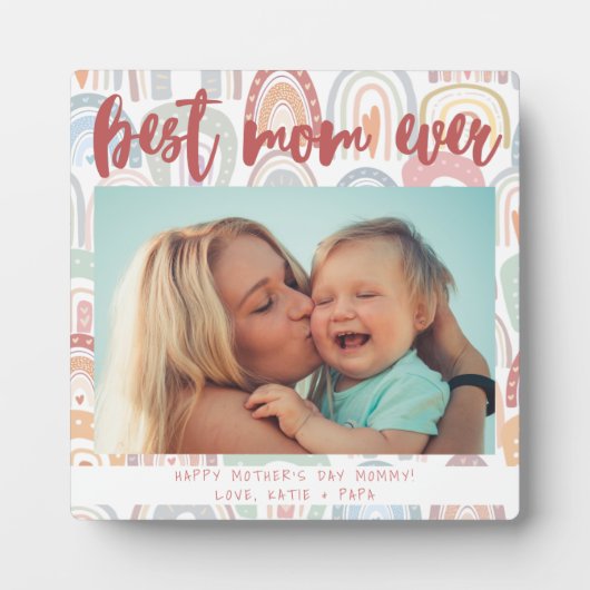 Chic Rainbow Boho Foto Calligraphy Best Mama Ever Fotoplatte (Vorderseite)