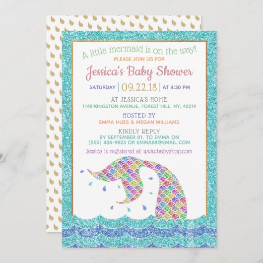 Chic Rainbow Glitzer Mermaid Baby Shower Einladung (Vorne/Hinten)