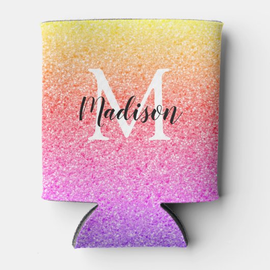 Chic Rainbow Glitzer Script Monogram Personalisier Dosenkühler (Vorderseite)