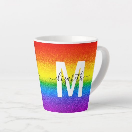 Chic Rainbow Glitzer Strip Monogramm Name Milchtasse (Rechte Ecke)