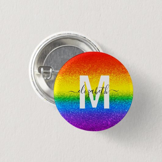 Chic Rainbow Glitzer Stripes Monogramm Name Button (Vorne & Hinten)