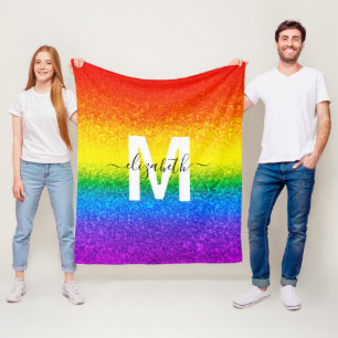 Chic Rainbow Glitzer Stripes Monogramm Name Fleecedecke