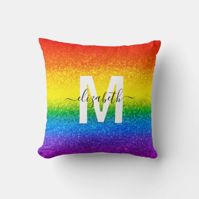 Chic Rainbow Glitzer Stripes Monogramm Name Kissen (Vorderseite)
