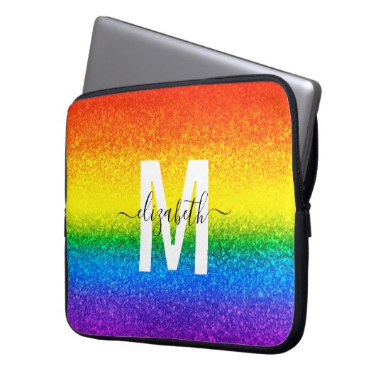 Chic Rainbow Glitzer Stripes Monogramm Name Laptopschutzhülle (Vorderseite Links)