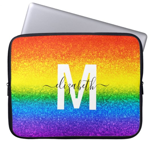 Chic Rainbow Glitzer Stripes Monogramm Name Laptopschutzhülle (Vorderseite)