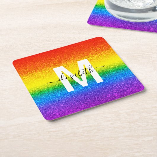 Chic Rainbow Glitzer Stripes Monogramm Name Rechteckiger Pappuntersetzer (angewinkelt)