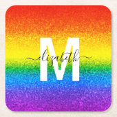 Chic Rainbow Glitzer Stripes Monogramm Name Rechteckiger Pappuntersetzer (Vorderseite)