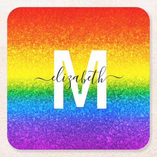 Chic Rainbow Glitzer Stripes Monogramm Name Rechteckiger Pappuntersetzer (Vorderseite)
