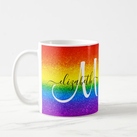 Chic Rainbow Glitzer Stripskripte Monogram Kaffeetasse (Links)