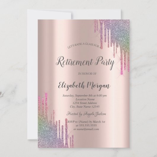 Chic Rainbow Glitzer Tropfen Rose Gold Rente Einladung (Vorderseite)