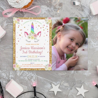 Chic Rainbow Glitzer Unicorn Foto Geburtstag Einladung