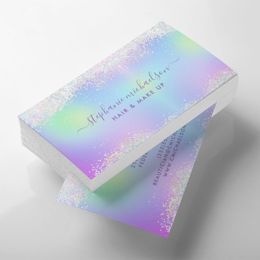 Chic Rainbow Holographic Glitzer Haair Makeup Salo Visitenkarte