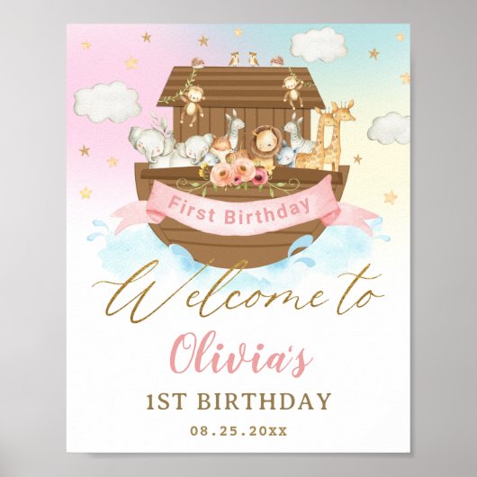 Chic Rainbow Noah's Ark Girl 1st Birthday Welcome Poster (Vorne)