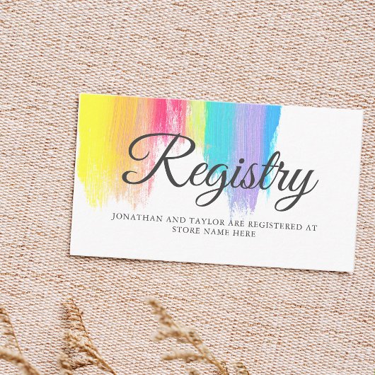 Chic Rainbow Paint Strokes LGBTQ Wedding Registry Begleitkarte