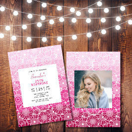 Chic Rainbow Pink Stripes Floral Foto Geburtstag Einladung