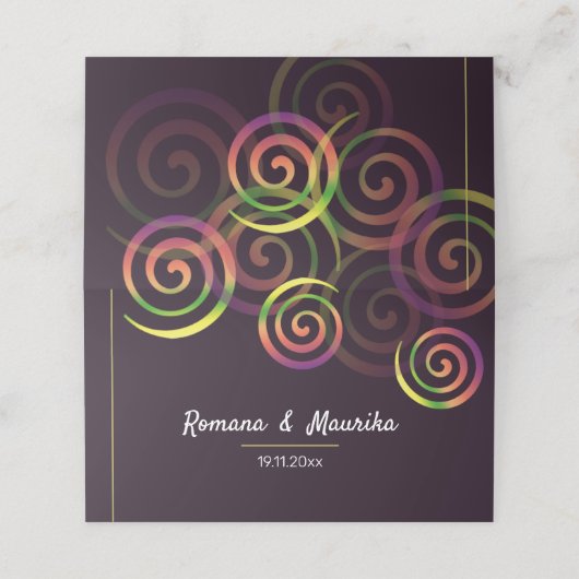 Chic Rainbow Spirals auf tiefem Lila und Senf Platzkarte (Außenseite Aufgefaltet)