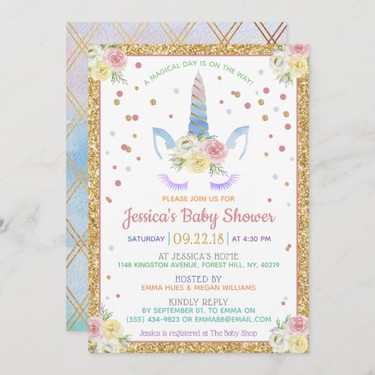 Chic Rainbow Watercolor Unicorn Kinderdusche Einladung (Vorne/Hinten)