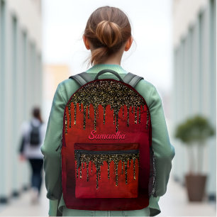 Chic Red Black and Gold Glitzer Tropfen Monogramm Bedruckter Rucksack