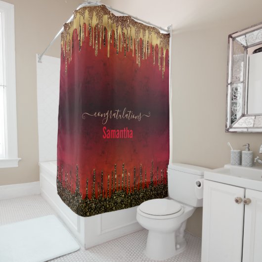 Chic Red Black and Gold Glitzer Tropfen Monogramm Duschvorhang (Beispiel)