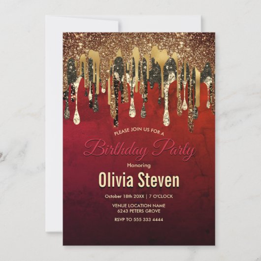 Chic Red Black and Gold Glitzer Tropfen Monogramm Einladung (Vorderseite)