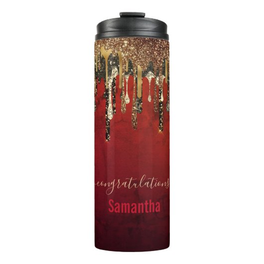 Chic Red Black and Gold Glitzer Tropfen Monogramm Thermosbecher (Vorderseite)