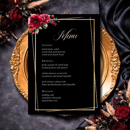 Chic Red Black Blues Hochzeitsmenü Menükarte