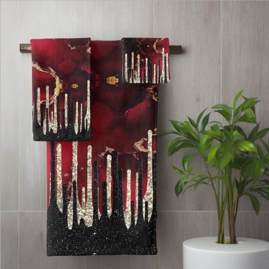 Chic red black drippings Glitzer monogram Badhandtuch Set