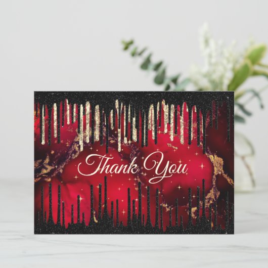 Chic red black drippings Glitzer monogram Dankeskarte (Stehend Vorderseite)