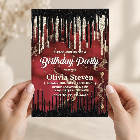 Chic red black drippings Glitzer monogram Einladung