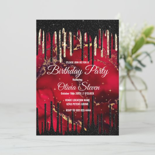 Chic red black drippings Glitzer monogram Einladung (Stehend Vorderseite)