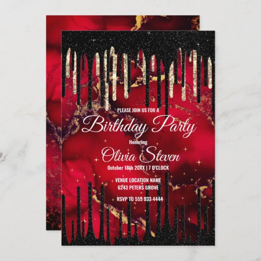 Chic red black drippings Glitzer monogram Einladung (Vorne/Hinten)