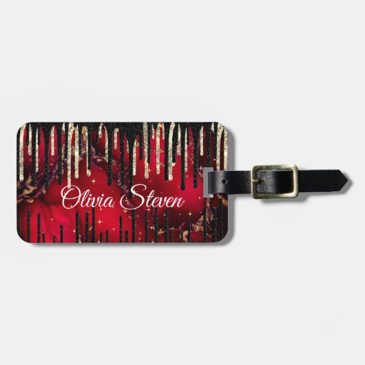 Chic red black drippings Glitzer monogram Gepäckanhänger (Vorderseite horizontal)
