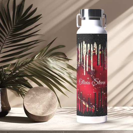 Chic red black drippings Glitzer monogram Trinkflasche