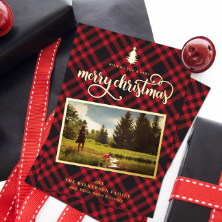 Chic Red & Black Kariert Foto Folien Feiertagskarte