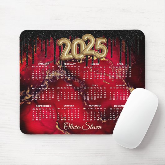 Chic red black Tropfen Glitzer monogram 2025 calen Mousepad (Mit Mouse)