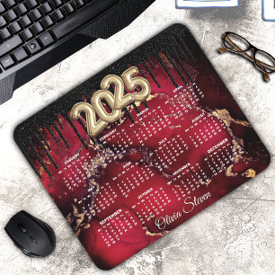 Chic red black Tropfen Glitzer monogram 2025 calen Mousepad