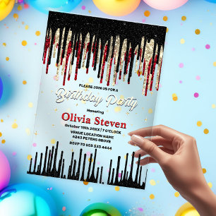 Chic Red Black Tropfen Glitzer Monogramm Geburtsta Acryleinladungen