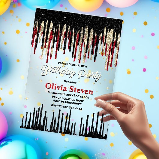 Chic Red Black Tropfen Glitzer Monogramm Geburtsta Acryleinladungen