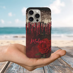 Chic Red Blume Gold Tropfen Glitzer Monogramm iPhone 16 Pro Hülle