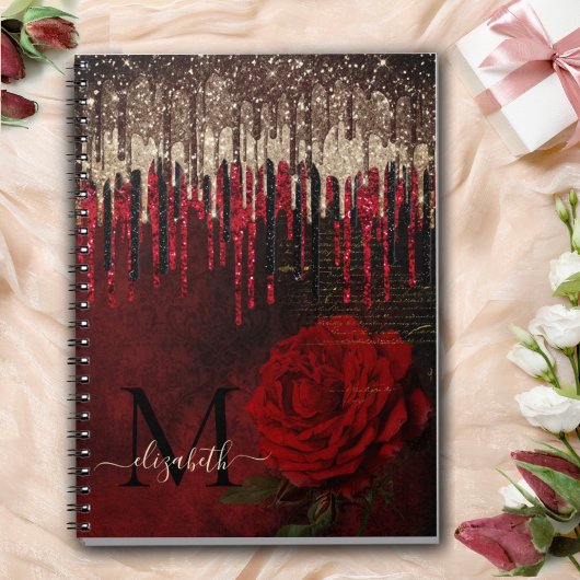 Chic Red Blume Gold Tropfen Glitzer Monogramm Notizblock