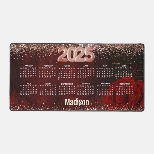 Chic Red Blume Imitate Gold Glitzer Monogramm 2025 Schreibtischunterlage (Vorderseite)