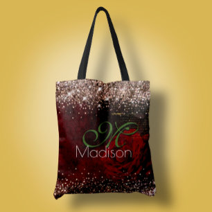 Chic Red Blume Imitate Gold Glitzer Monogramm Tasche